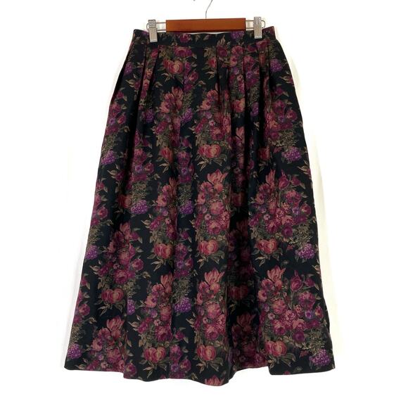J.Putman | Vintage Black Pink Floral Wool Midi Skirt Made in USA Womens 8 - Picture 1 of 11